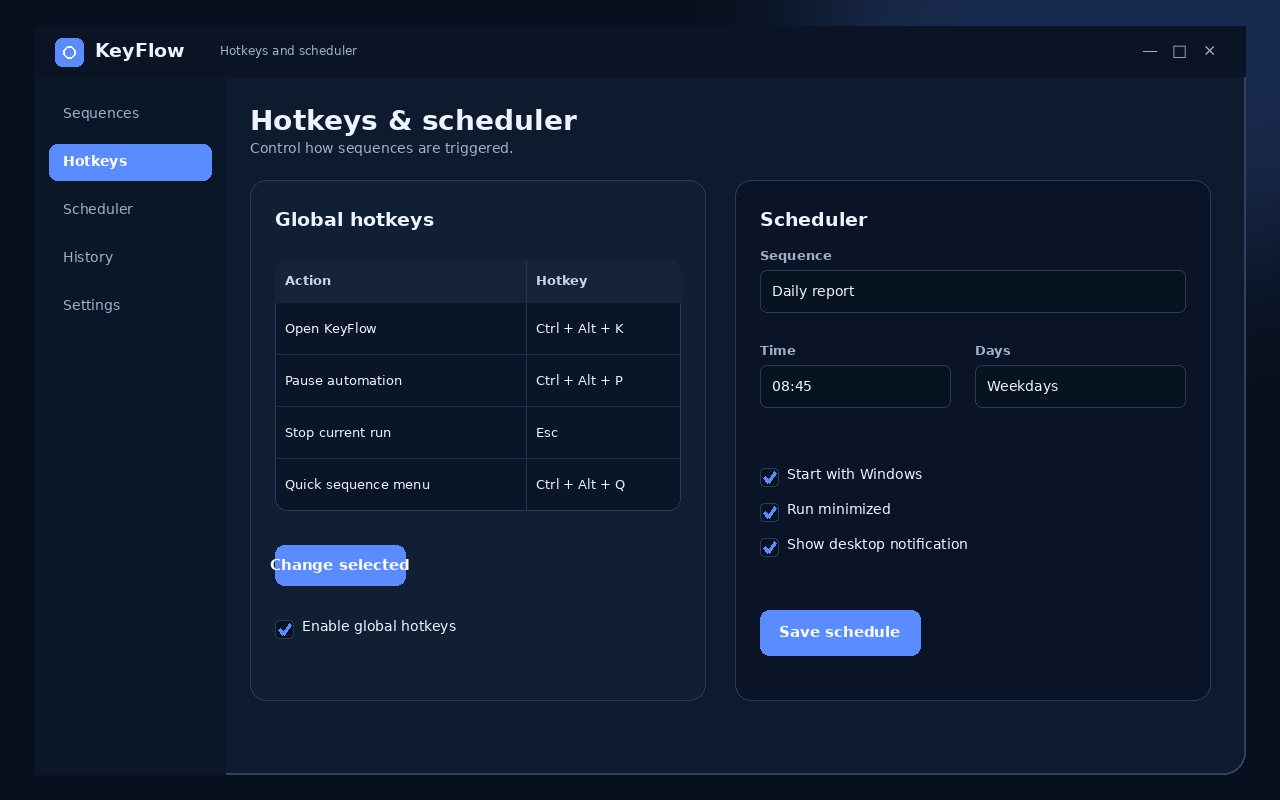 Keyflow — Global hotkeys and scheduler