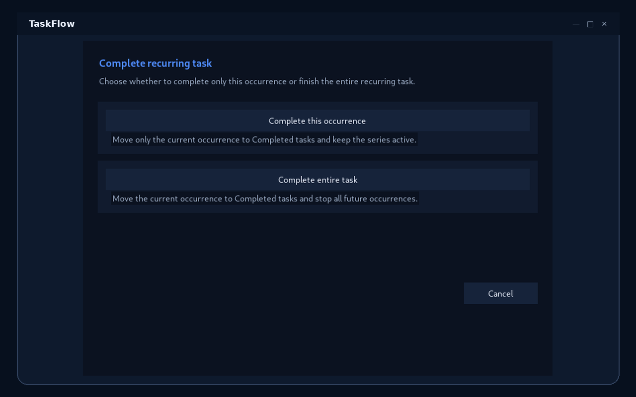 Taskflow — Recurring task completion options