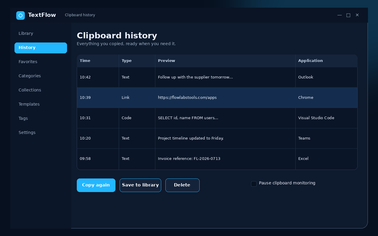 Textflow — Clipboard history